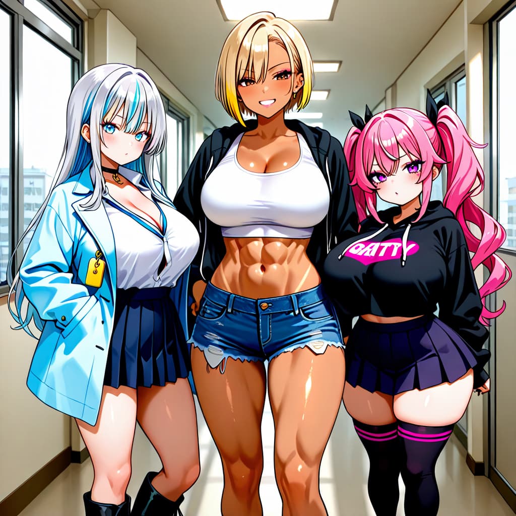 รูปภาพตัวละคร - Three anime girls in school hallway, standing together. Center girl: blonde, muscular, wearing white
