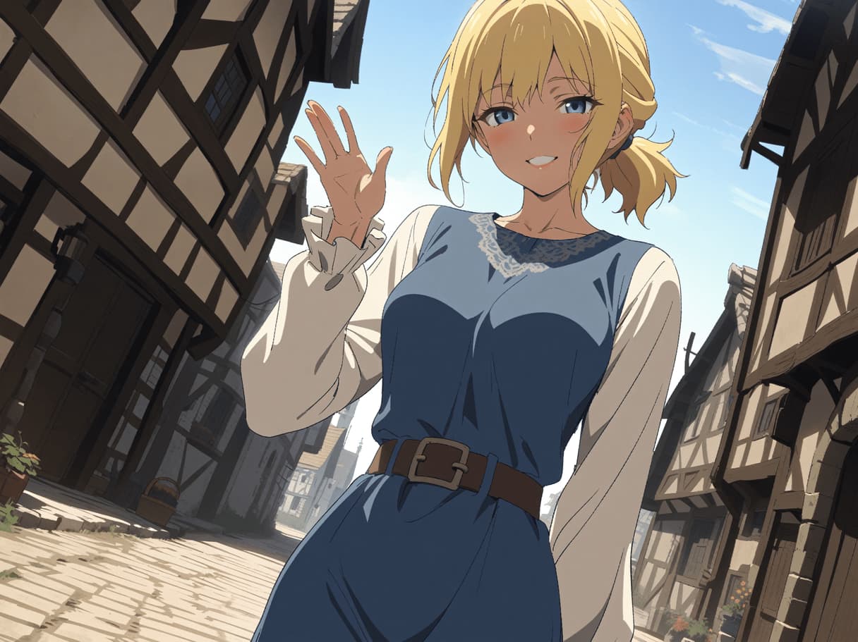 صورة الشخصية - happy expression, waving hand, standing in cobblestone street between half-timbered buildings, weari
