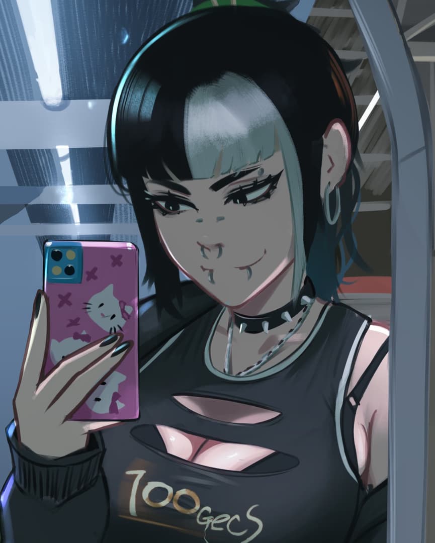 صورة الشخصية - selfie in mirror, smiling with piercings, wearing ripped black top with exposed breasts, holding pho
