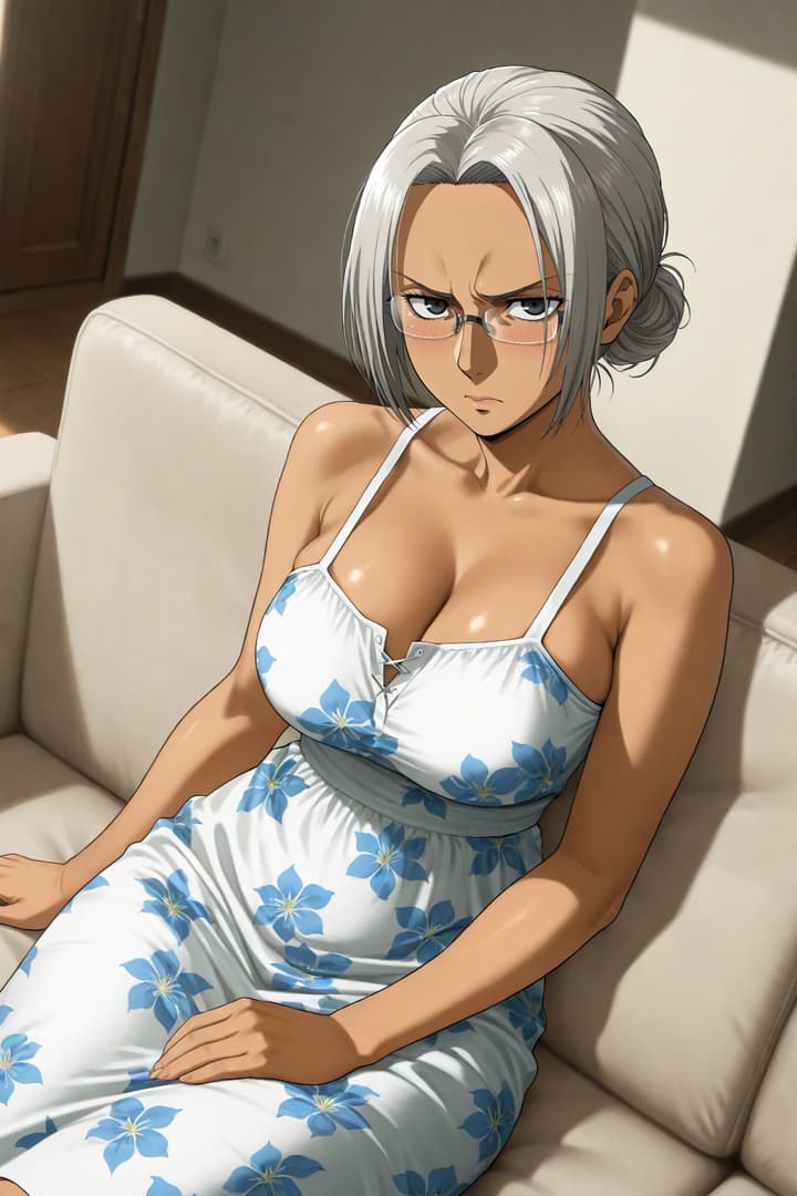 Charakterbild - angry expression, sitting on couch, wearing white floral dress with thin straps, breasts visible, no