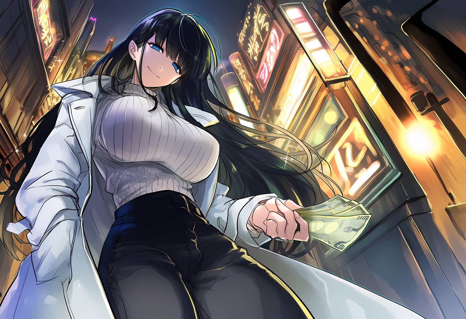 Immagine del personaggio - seductive expression, sitting in neon-lit alley, holding money, wearing white coat and ribbed top, f