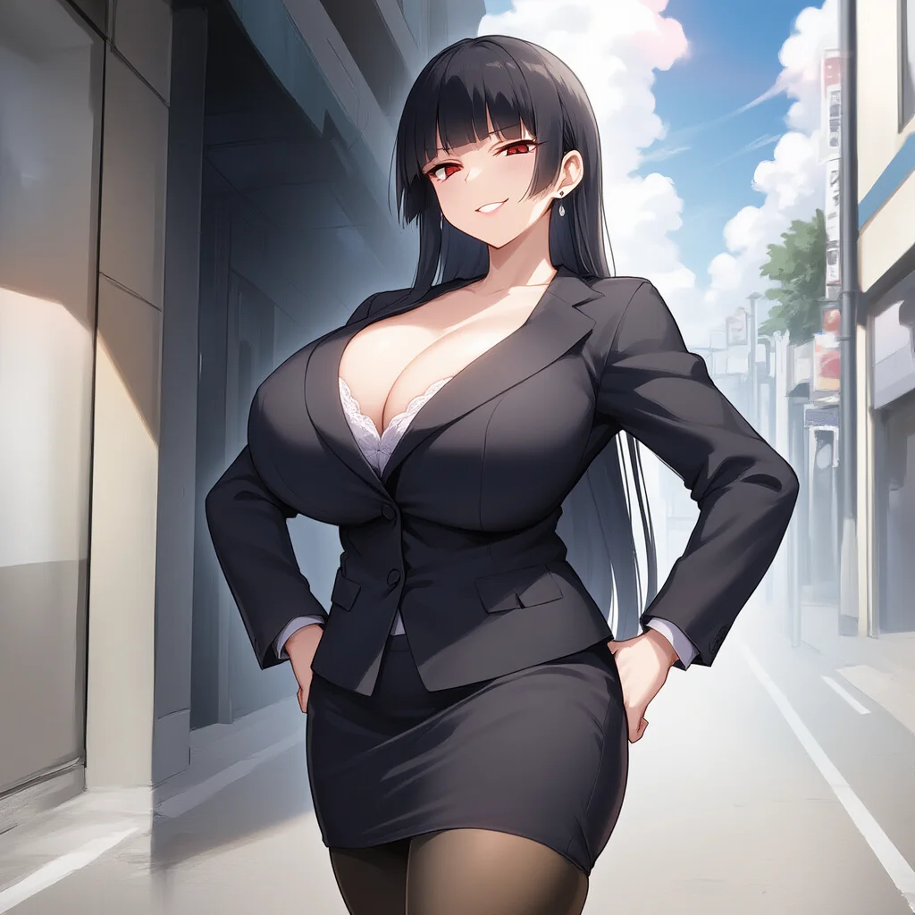Charakterbild - confident woman in business suit, hands on hips, smiling seductively, revealing lace bra under unbut
