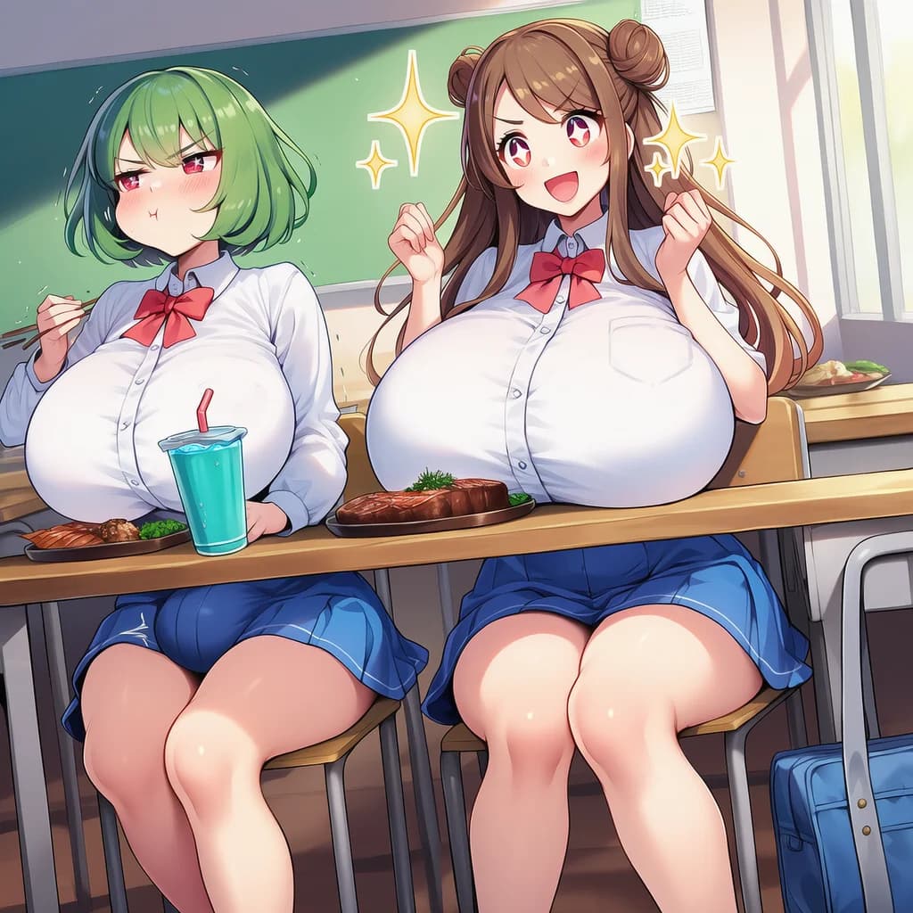 Karakter görseli - Two schoolgirls in uniforms sitting at desks in a classroom, both with exaggeratedly large breasts.