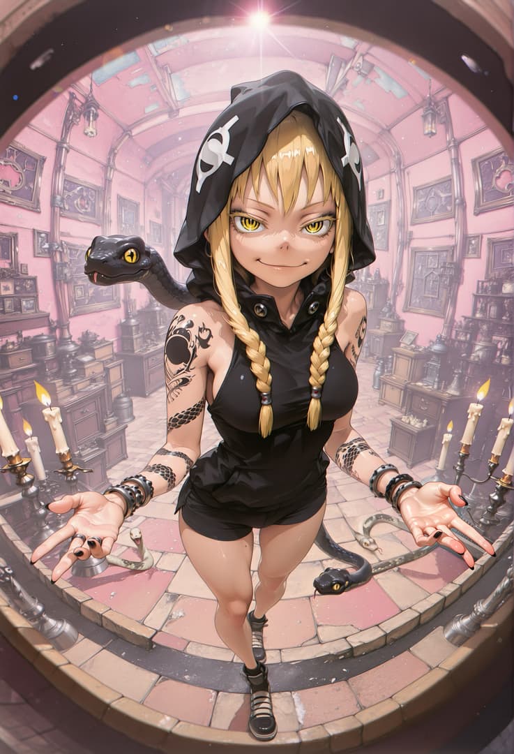 Imagen del personaje - Playful and mischievous expression, standing in a circular room with pink walls and candles, wearing