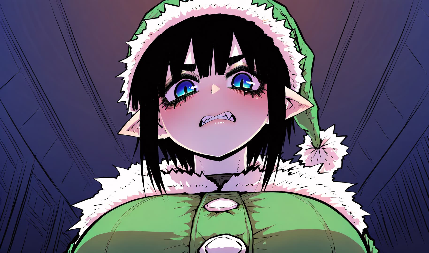 Obraz postaci - angry expression, wearing green hooded coat with white fur trim, black hair, blue eyes, pointed ears