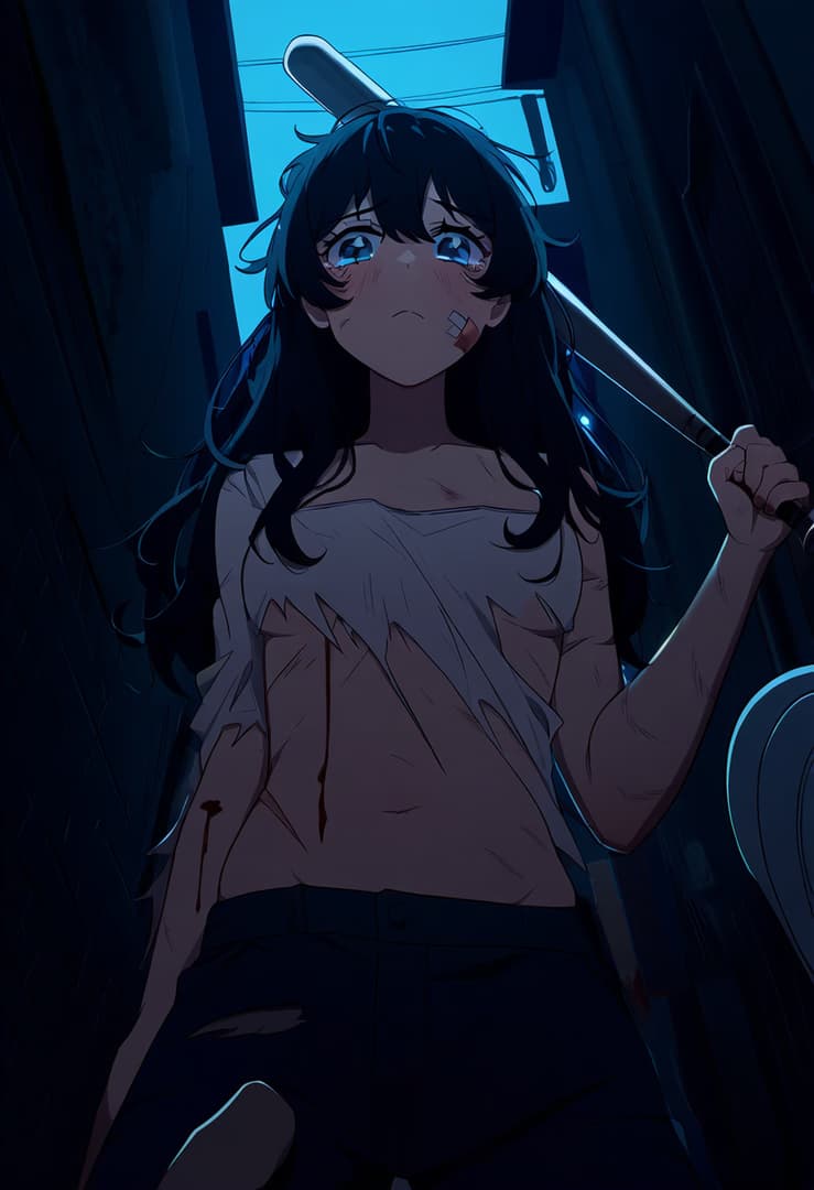 Obraz postaci - Injured girl in dark alley, holding baseball bat, torn clothes, blood on face and shirt, distressed