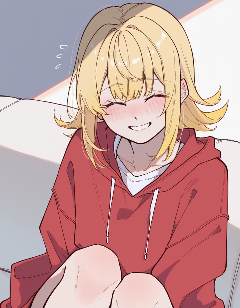 Imagem do personagem - happy smile, sitting on couch, wearing red hoodie over white shirt, knees drawn up, cozy and playful