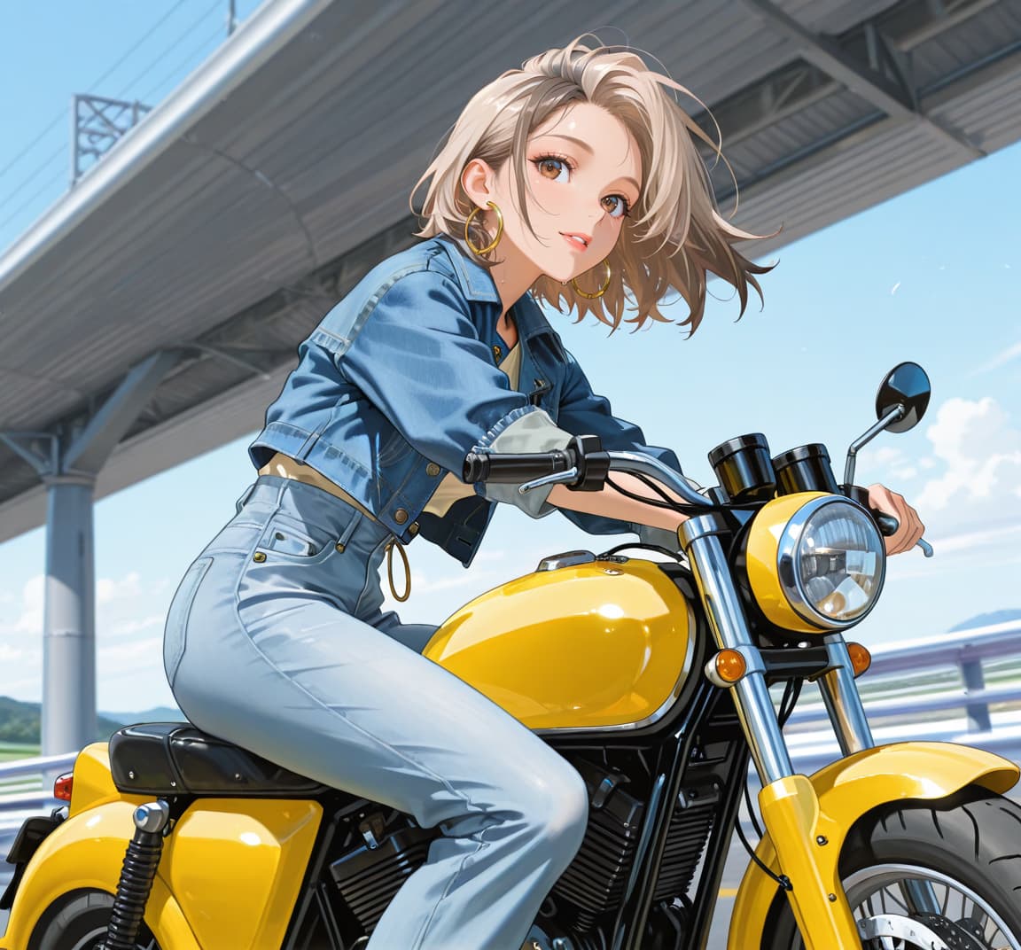 Obraz postaci - Sitting on yellow motorcycle, smiling confidently, wearing denim jacket and jeans, blonde hair blowi