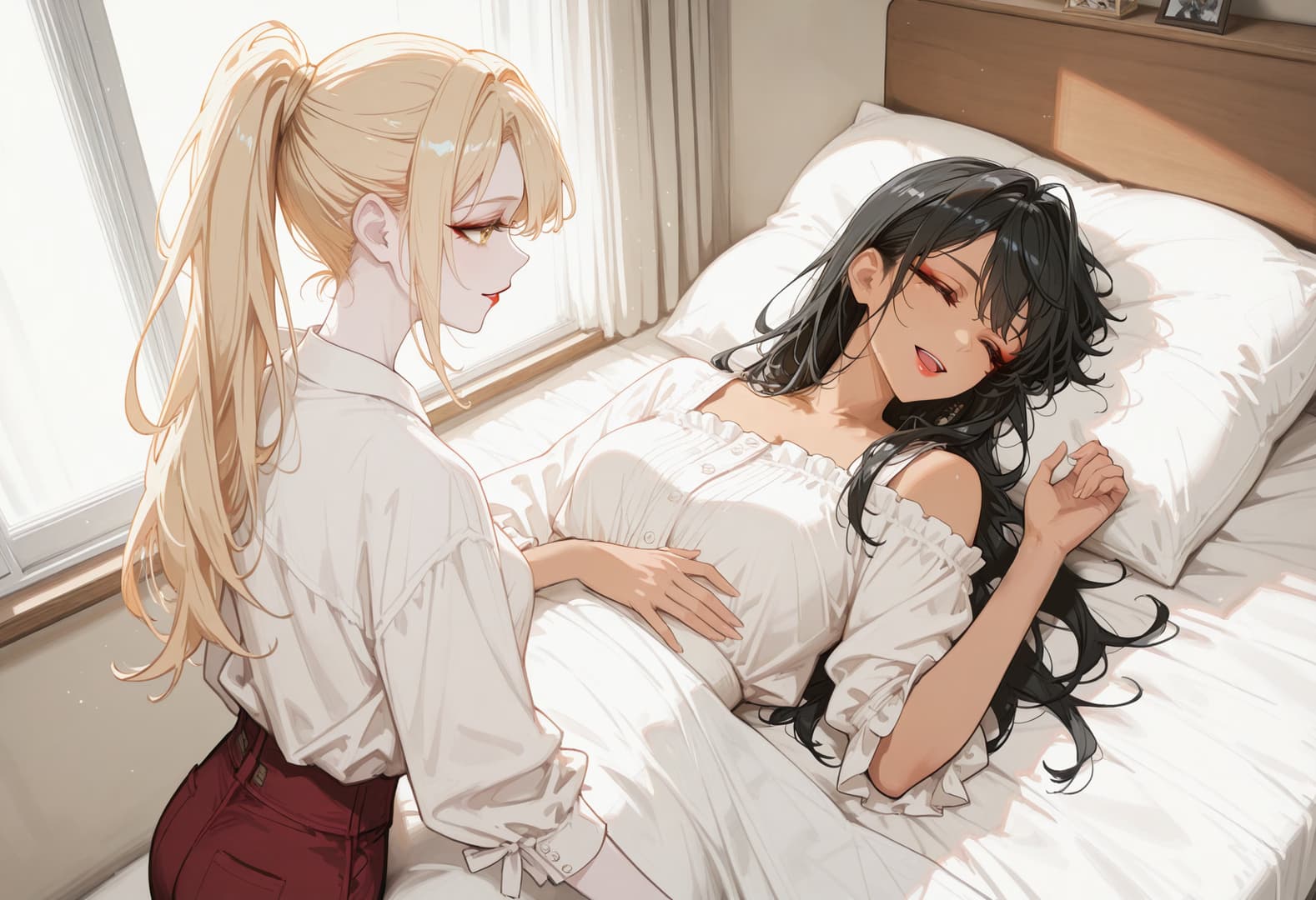 Karakter görseli - In a cozy bedroom, a blonde woman with a ponytail sits beside a bed, gently placing her hand on the