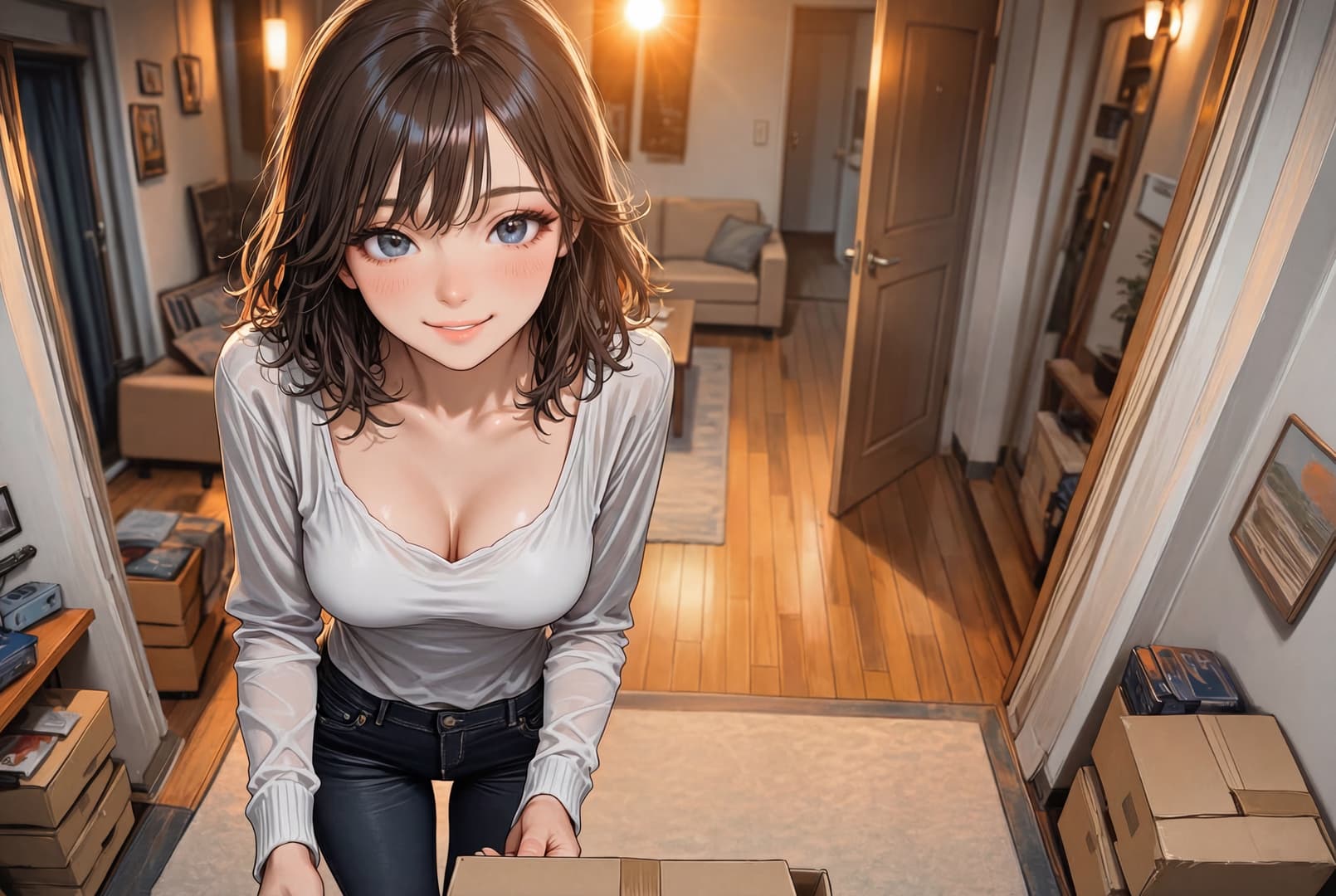 Charakterbild - smiling woman in living room, wearing white long-sleeve top and jeans, holding cardboard box, cozy a