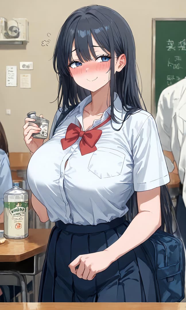 Immagine del personaggio - in classroom, wearing school uniform with red bow, holding drink bottle, blushing and smiling shyly,
