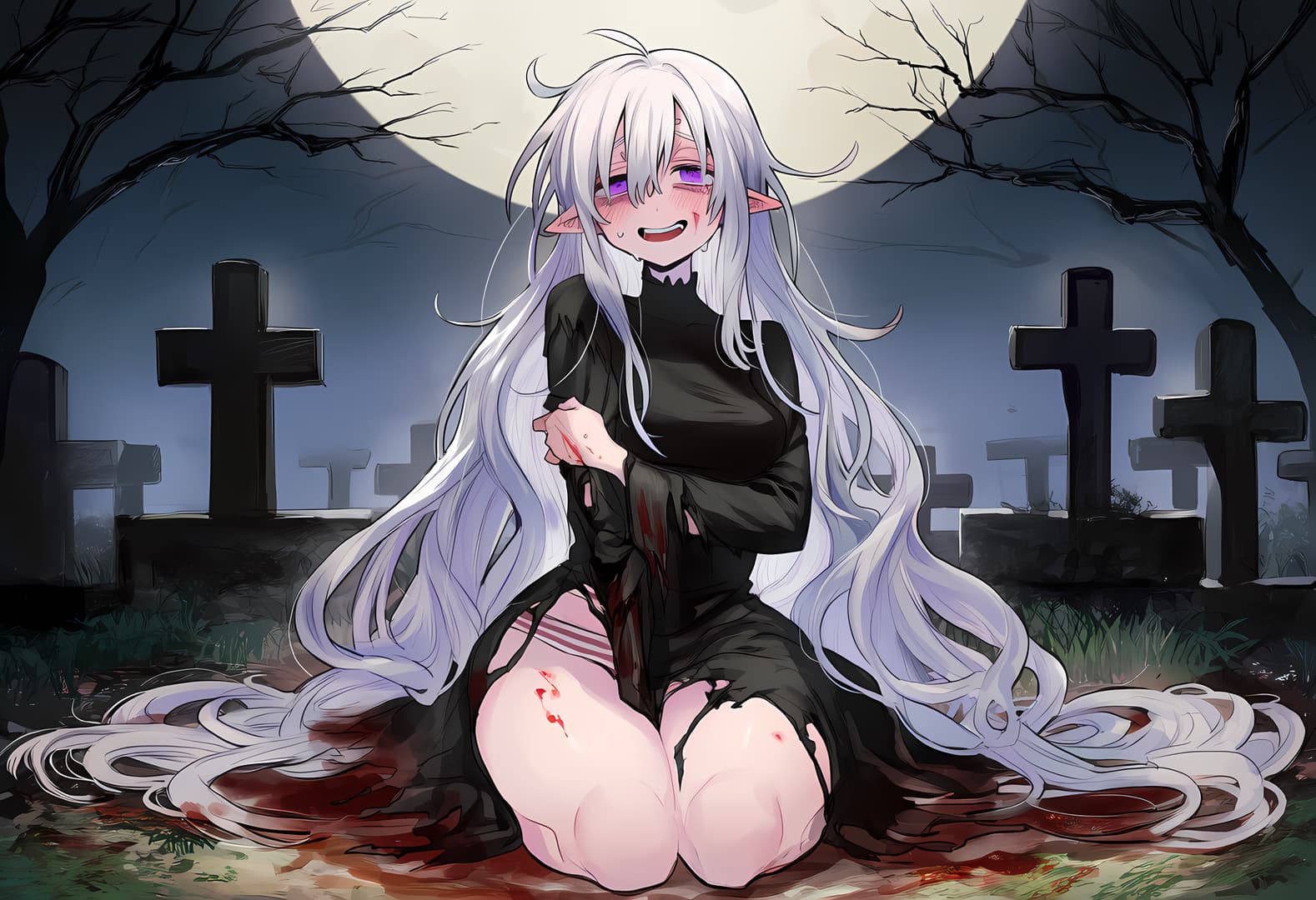 Charakterbild - nude in cemetery, sitting with legs spread, blood on thighs and hands, white hair, elf ears, purple