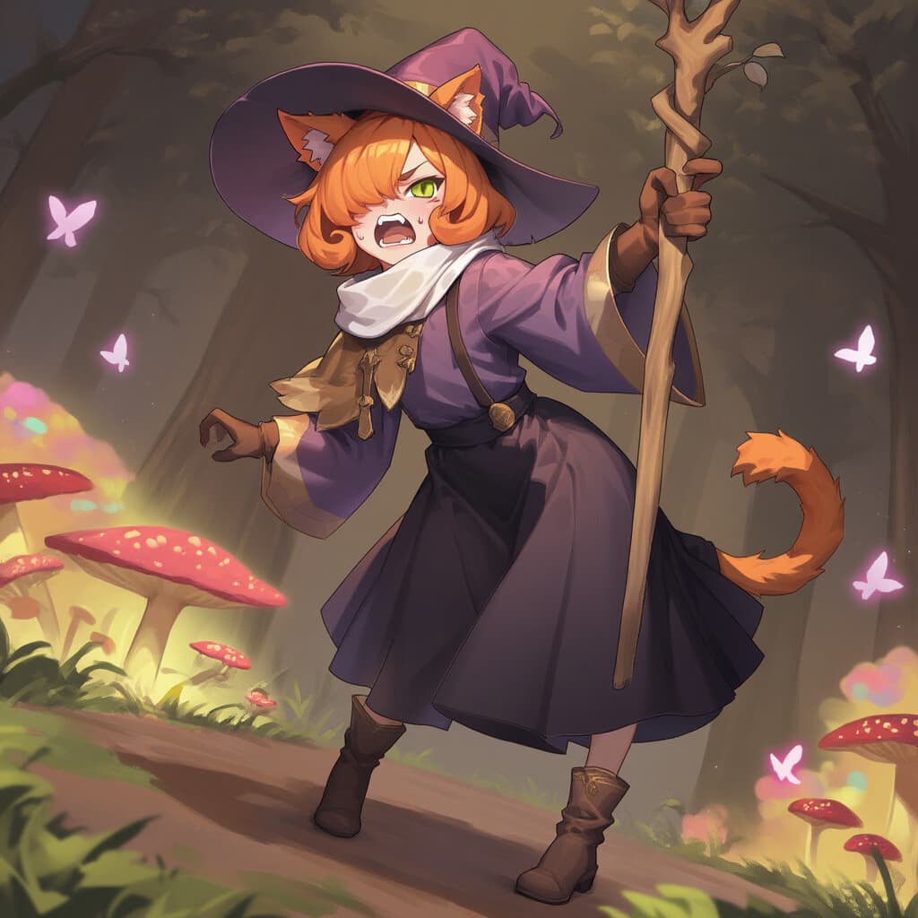 Hình ảnh nhân vật - angry expression, holding staff, standing in forest, wearing purple witch outfit, cat ears and tail,