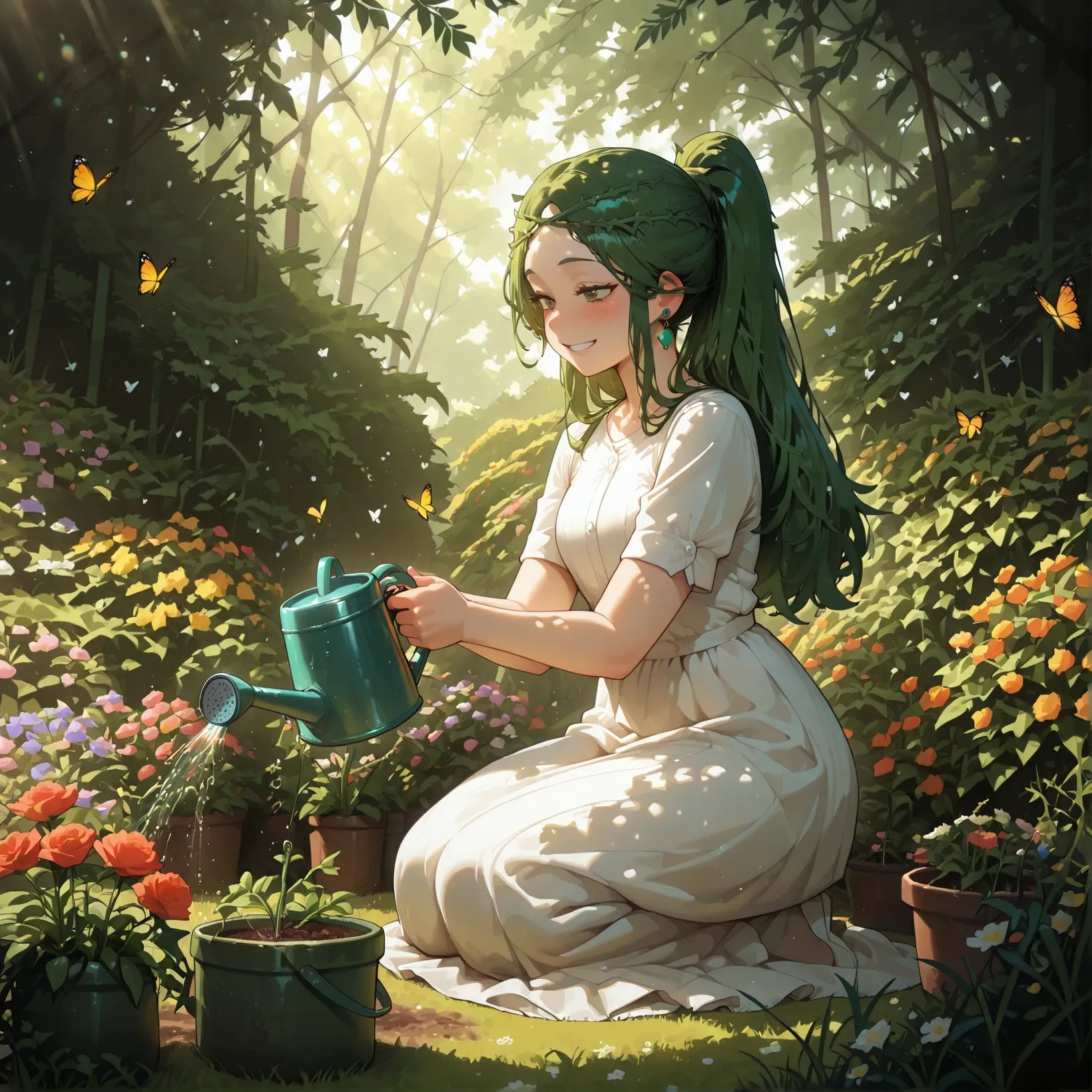 Изображение персонажа - sitting in garden, watering plants with green watering can, happy and peaceful expression, long gree