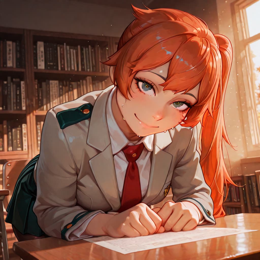 Charakterbild - happy and playful in library, wearing school uniform with red tie, leaning forward on desk with hand