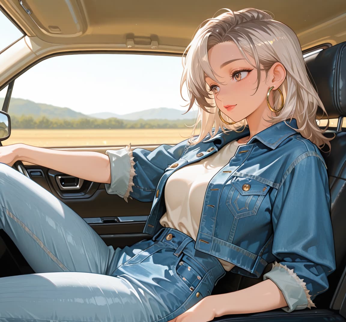 Obraz postaci - sitting in car, relaxed and confident, wearing denim jacket and jeans, legs slightly spread, seducti