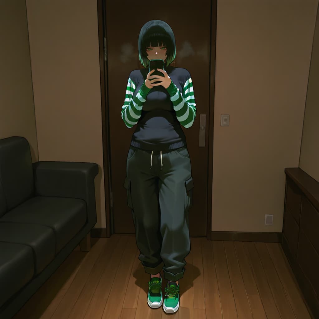 Image du personnage - standing in hallway, taking mirror selfie, wearing green and white striped sweater, black top, cargo