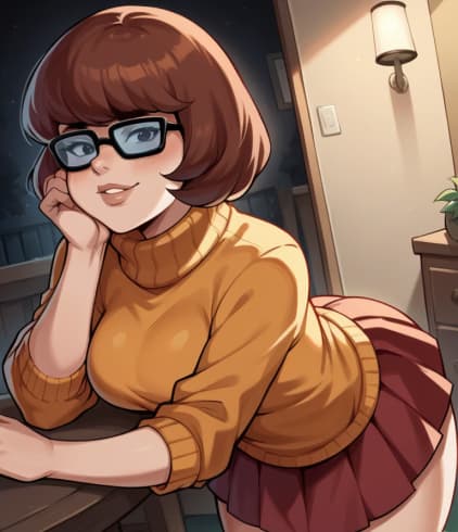 صورة الشخصية - sitting at a table, wearing glasses and a yellow turtleneck with a red pleated skirt, hand on chin,