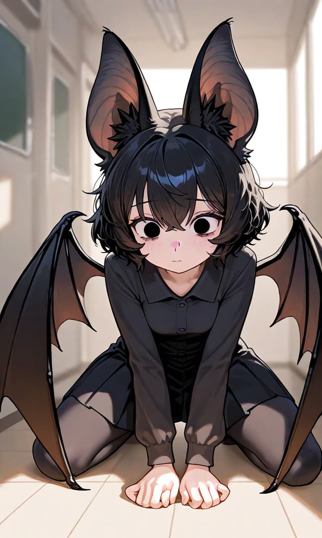 캐릭터 이미지 - crouching on floor in hallway, bat-like ears and wings, shy expression, fully clothed in black outfi