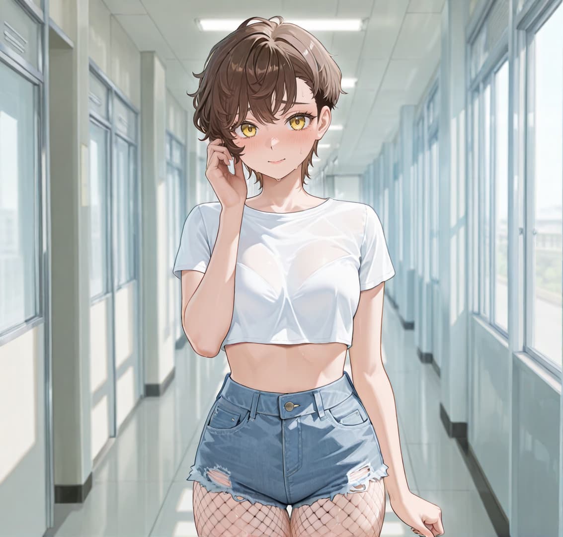 Charakterbild - in hallway, smiling shyly, hand near face, wearing white crop top and ripped denim shorts with fishn