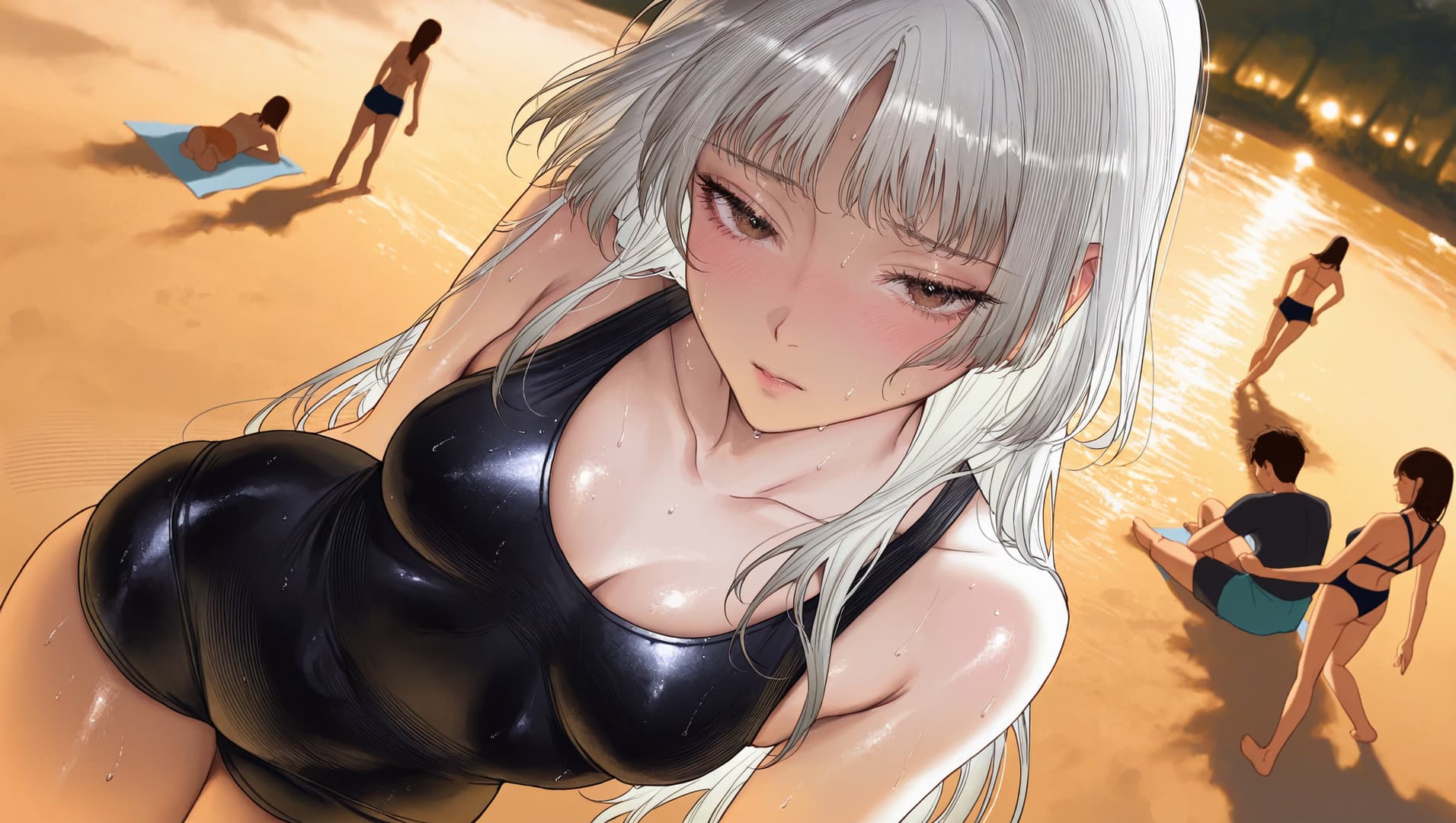 Immagine del personaggio - silver-haired woman in black swimsuit at beach, wet skin, droplets on face and body, seductive expre