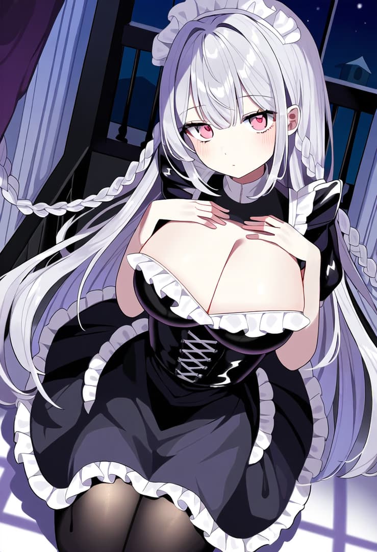 Imagem do personagem - sitting in bedroom, wearing black maid outfit with white frills, breasts exposed, hands cupping ches