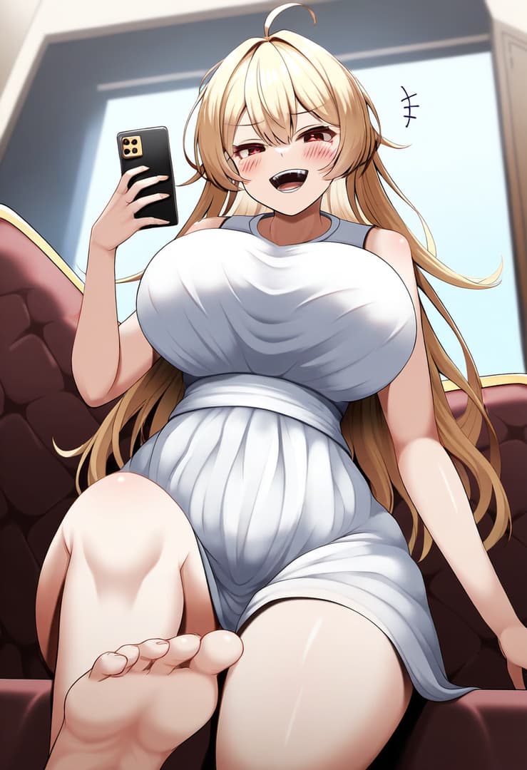 รูปภาพตัวละคร - nude on couch, legs spread wide, holding phone, aroused expression with flushed cheeks and open mout