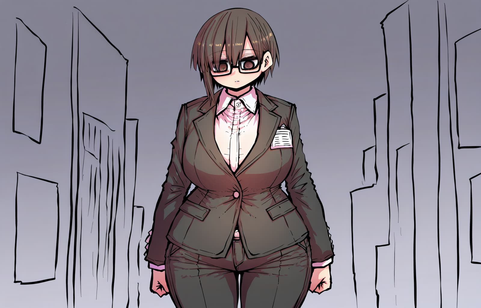 Imagem do personagem - formal suit, serious expression, standing in cityscape, fully clothed, confident posture