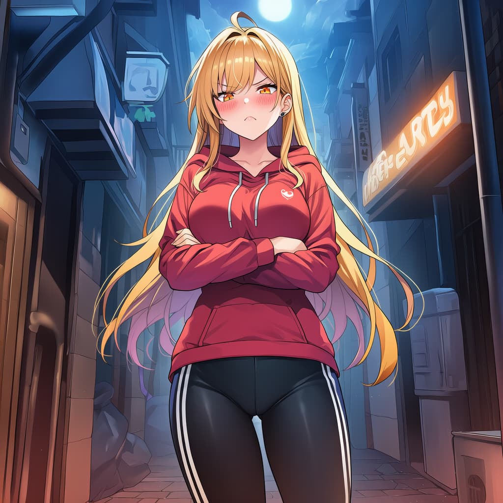 صورة الشخصية - Angry pout with crossed arms, standing in alleyway at night, wearing red hoodie and black leggings,