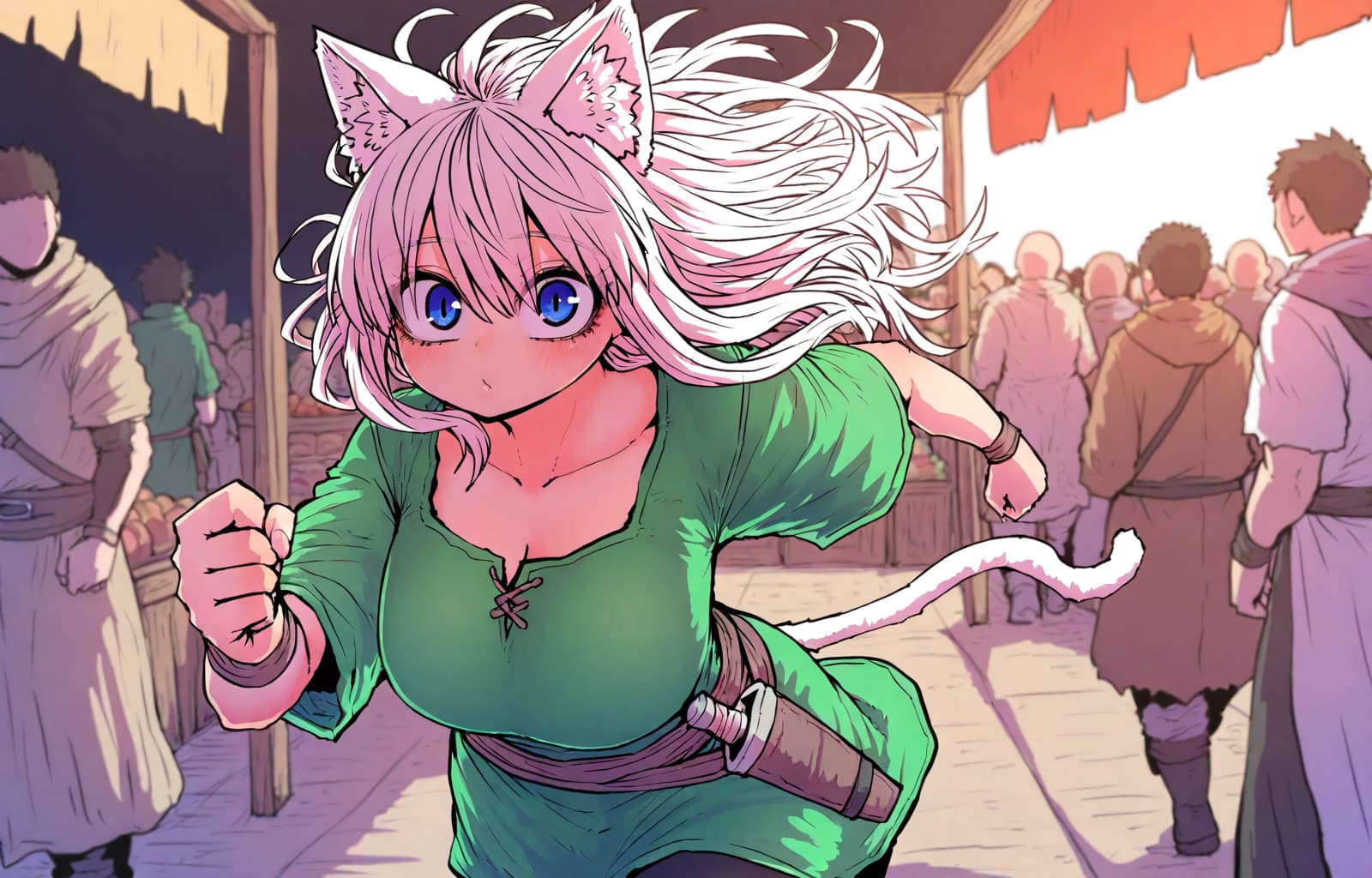 Immagine del personaggio - cat-eared girl running in market, determined expression, green dress, fully clothed, tail swishing, 