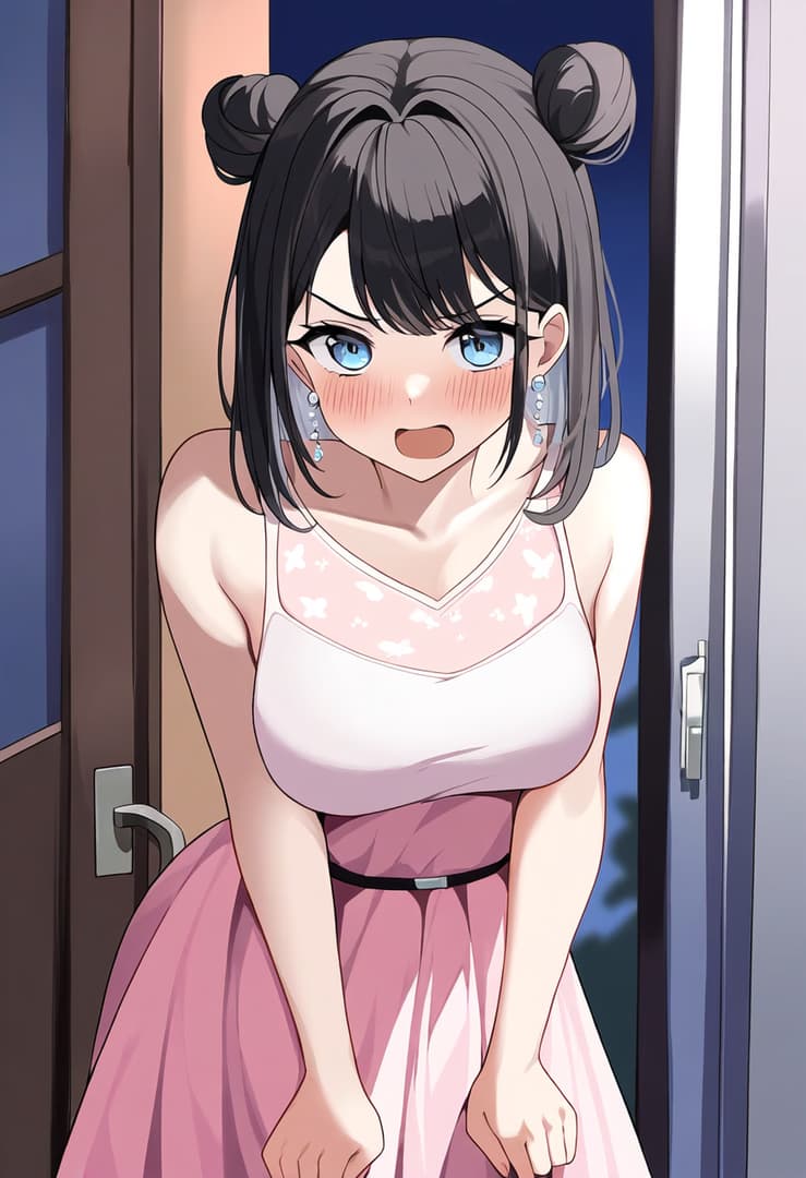 Charakterbild - blushing and surprised expression, standing in doorway, wearing pink dress with white butterfly patt