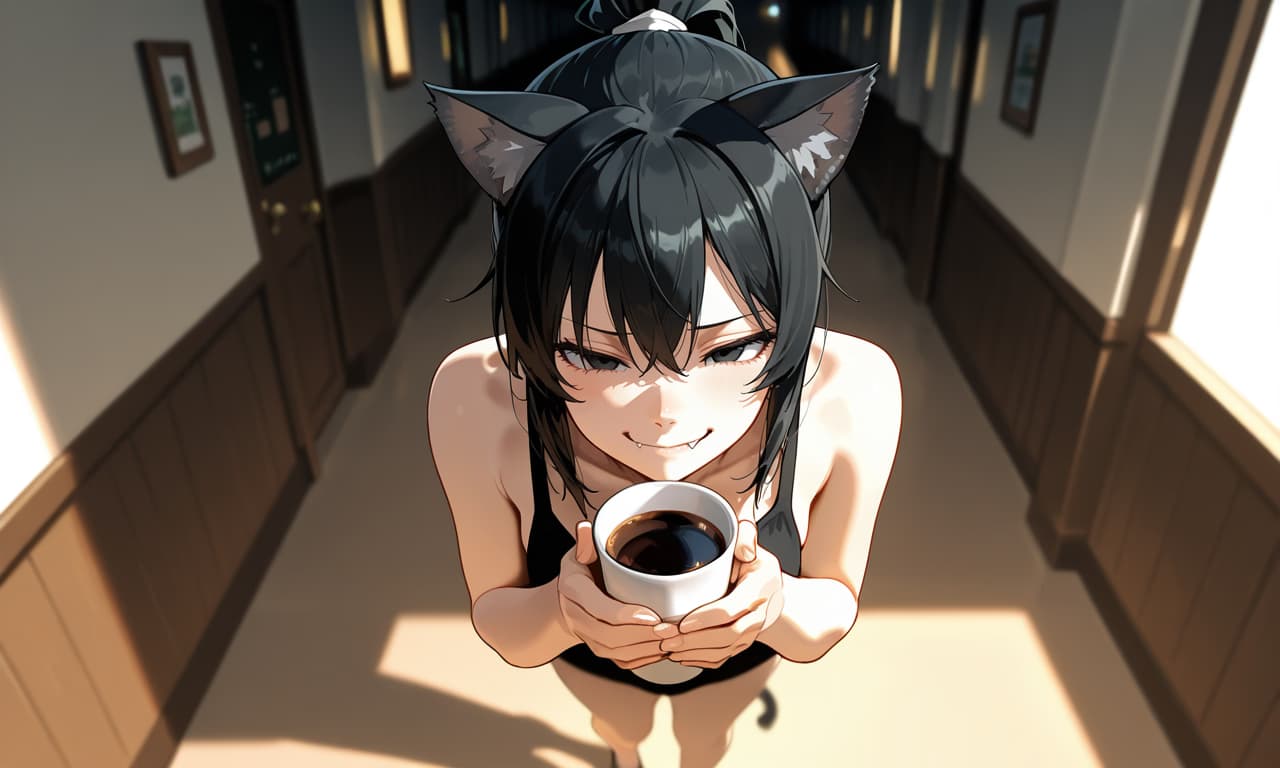 Charakterbild - cat-eared girl in hallway, holding coffee cup, smiling seductively, topless, breasts exposed, playfu