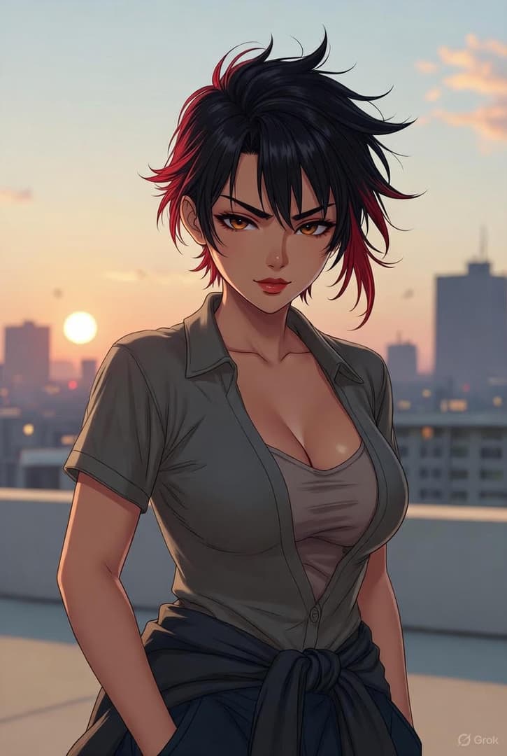 Imagen del personaje - confident expression, standing on rooftop at sunset, fully clothed in open shirt over tank top, hand