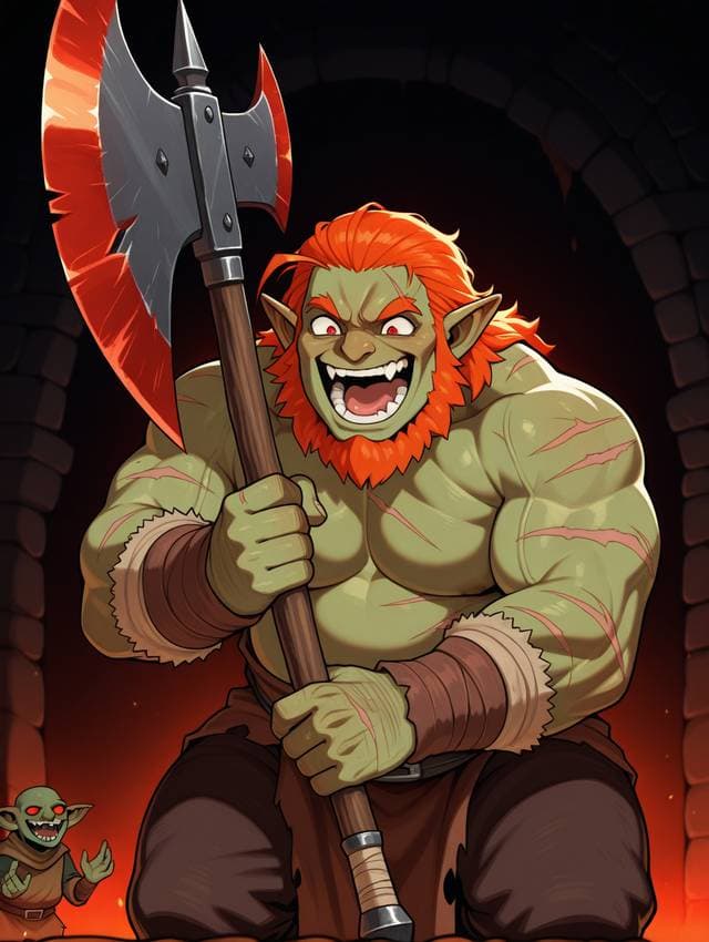 Character image - angry expression, holding large axe, muscular green orc with red hair and beard, kneeling in dungeon