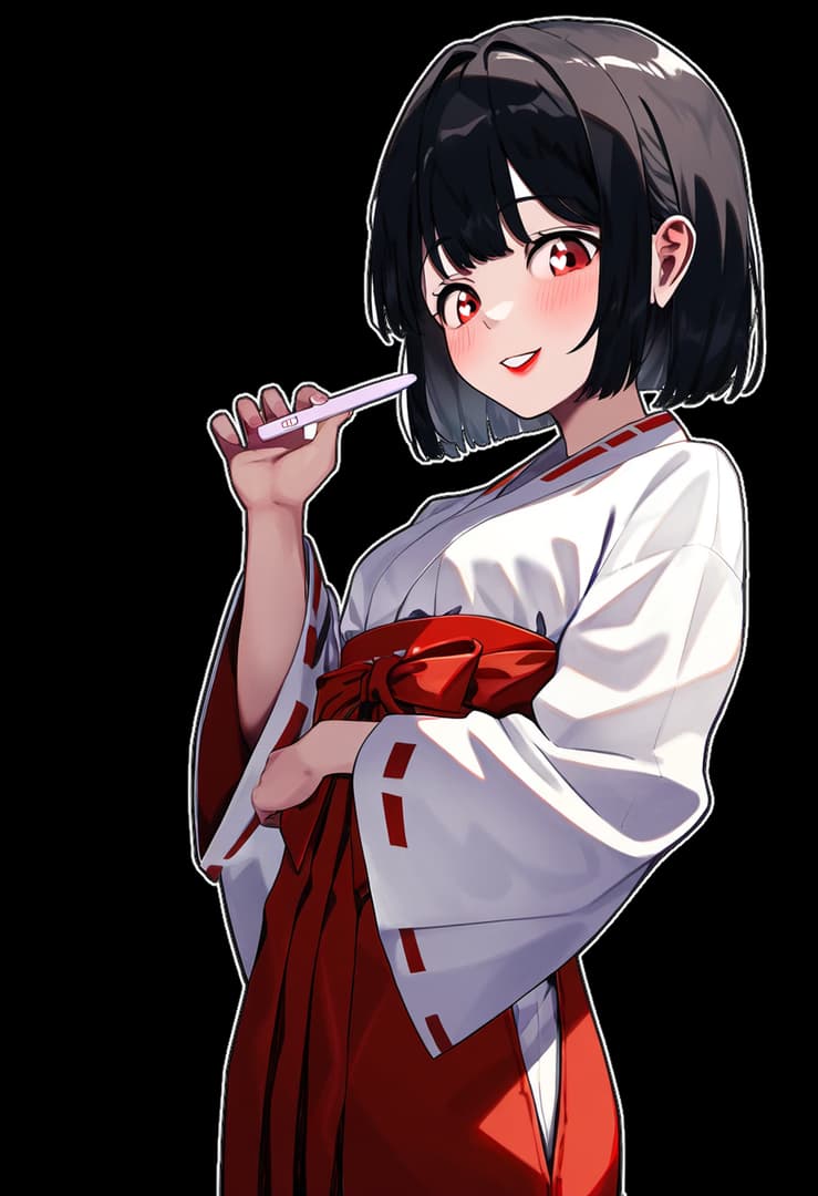 Imagem do personagem - happy expression, holding pregnancy test, wearing white and red kimono, fully clothed, playful and e