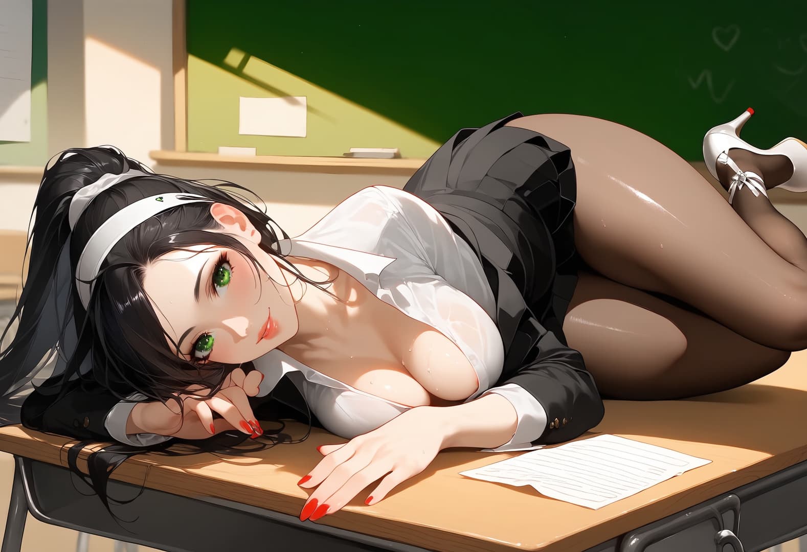 صورة الشخصية - lying on desk in classroom, legs spread, white blouse unbuttoned exposing breasts, black skirt pulle