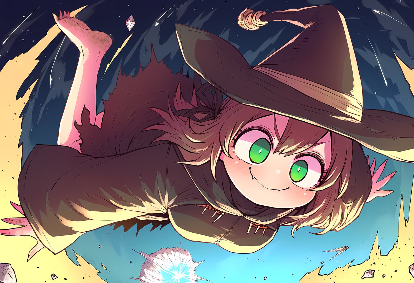 Immagine del personaggio - Flying through the air, smiling widely with green eyes, wearing a witch hat and dark outfit, legs sp