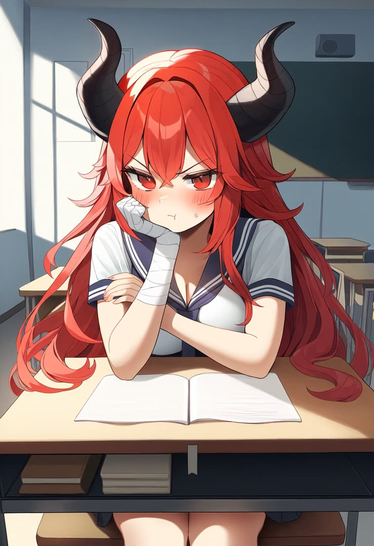 Charakterbild - angry pout in classroom, wearing school uniform, red hair and horns, arms crossed, book open on desk