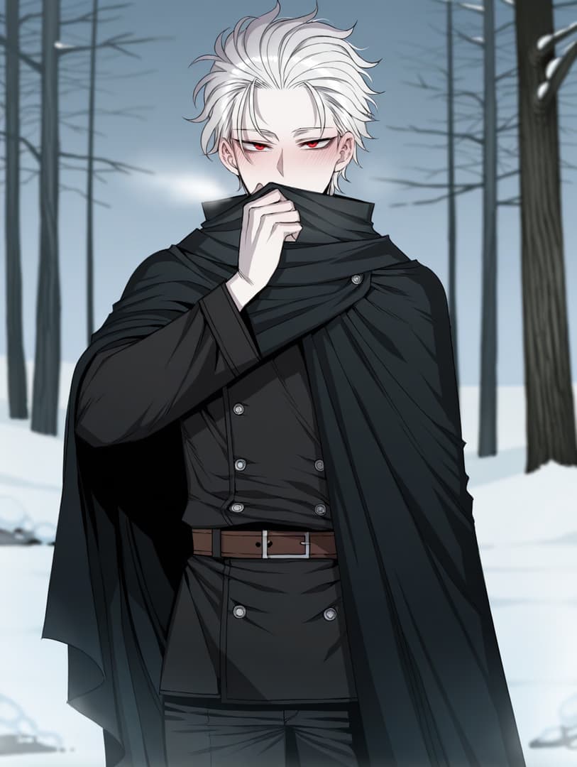 Obraz postaci - cold forest, silver hair, red eyes, black cloak covering mouth, serious expression, fully clothed, d
