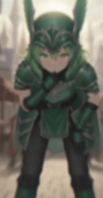 Character image - green armored character with glowing eyes, standing in a heroic pose, fully clothed in detailed fant