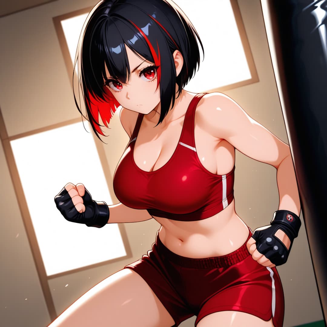 Character image - fighting stance in gym, wearing red sports bra and shorts, black fingerless gloves, confident expres