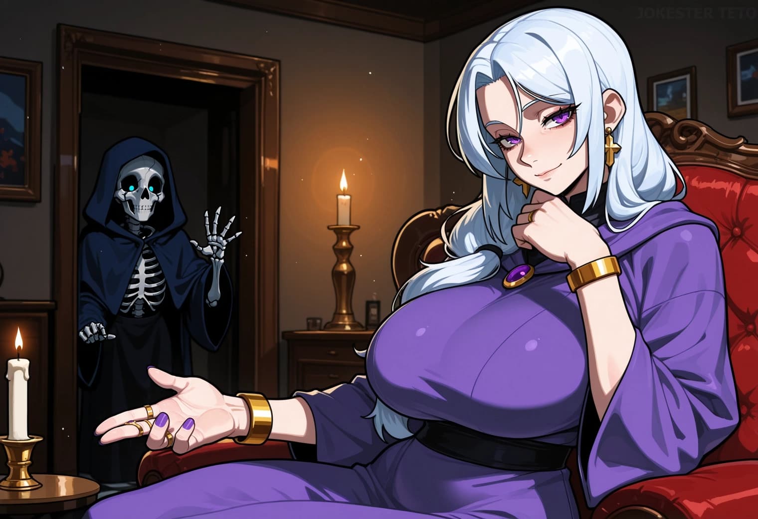 Charakterbild - sitting in red armchair, fully clothed in purple robe, seductive expression, hand on chin, legs cros