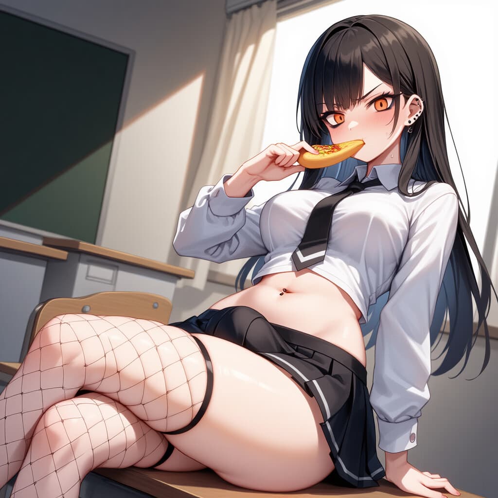 Charakterbild - schoolgirl in classroom, wearing short skirt and fishnet stockings, sitting on desk with legs spread