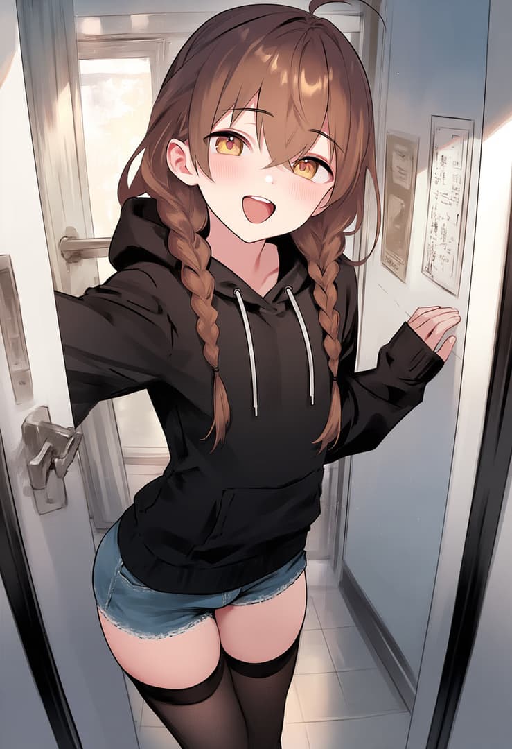 캐릭터 이미지 - happy and playful, standing in doorway, wearing black hoodie and denim shorts, legs slightly spread,