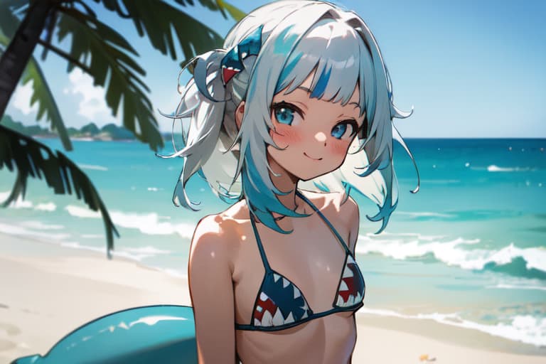 Character image - at beach in bikini, happy and playful, light blue hair, smiling, sitting on sand, ocean background, 