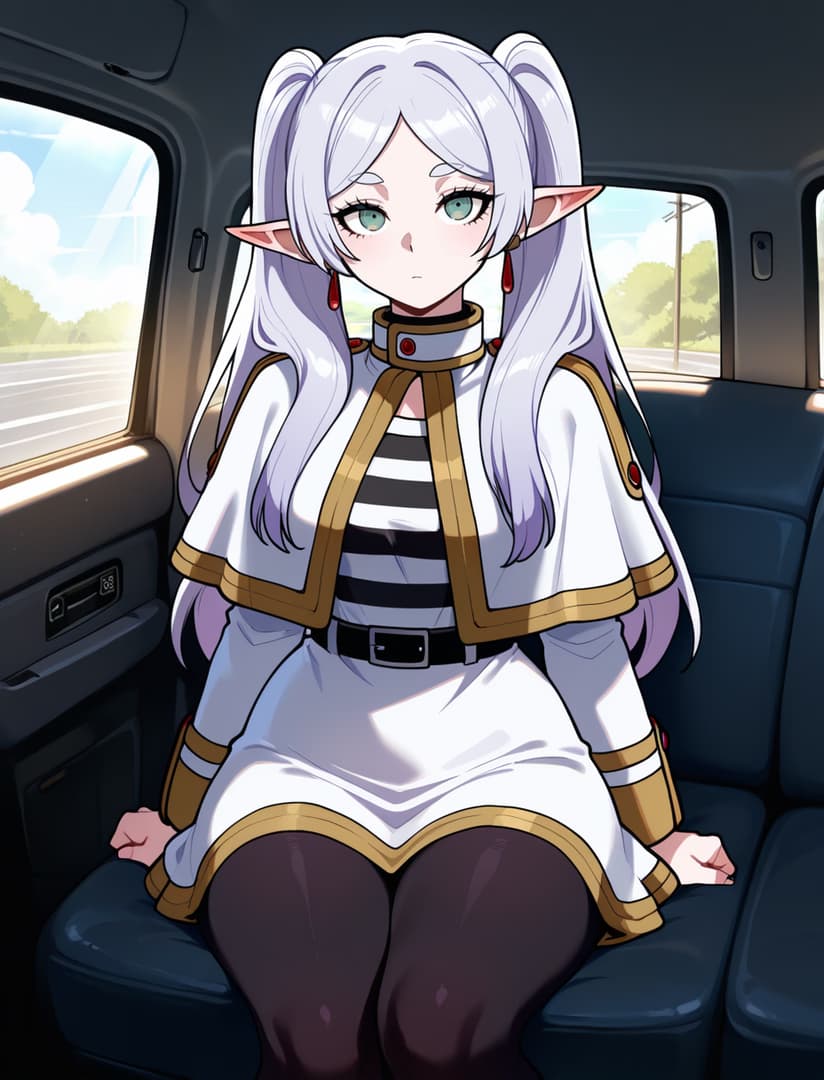 Karakter görseli - sitting in car, calm expression, fully clothed in white and gold outfit with striped top, elf ears,