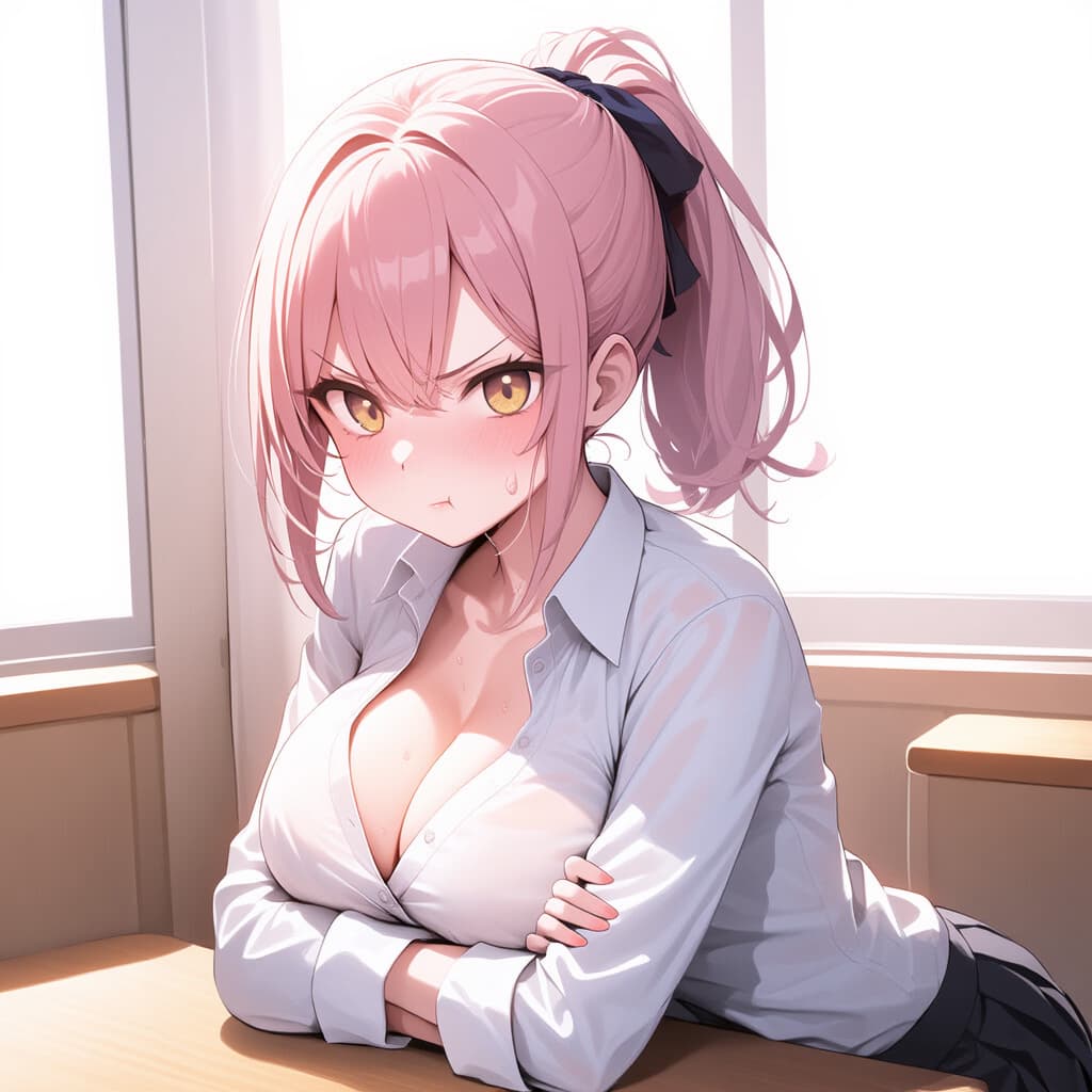 캐릭터 이미지 - sitting at desk in classroom, pink hair in high ponytail, wearing unbuttoned white shirt with breast