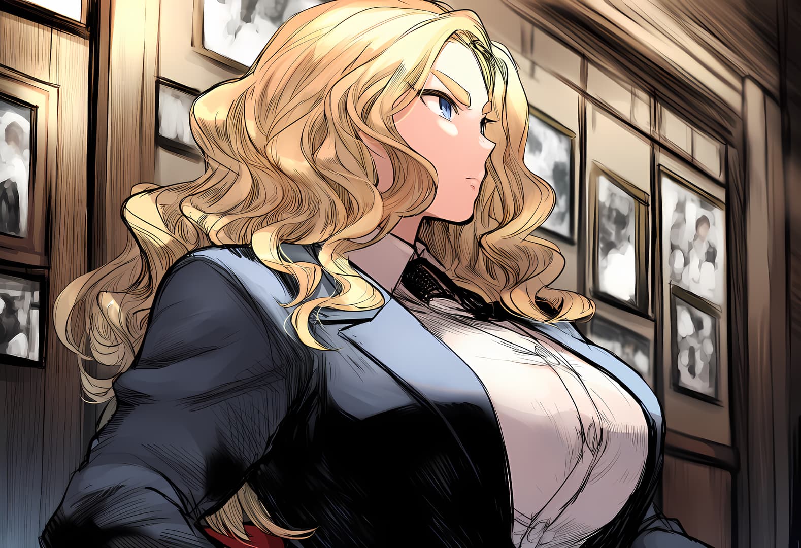 Charakterbild - seductive expression, standing in hallway, fully clothed in blazer and blouse, long blonde hair, bre