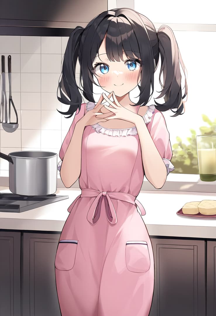 صورة الشخصية - happy and shy in kitchen, wearing pink apron over dress, hands clasped near face, blushing, standing