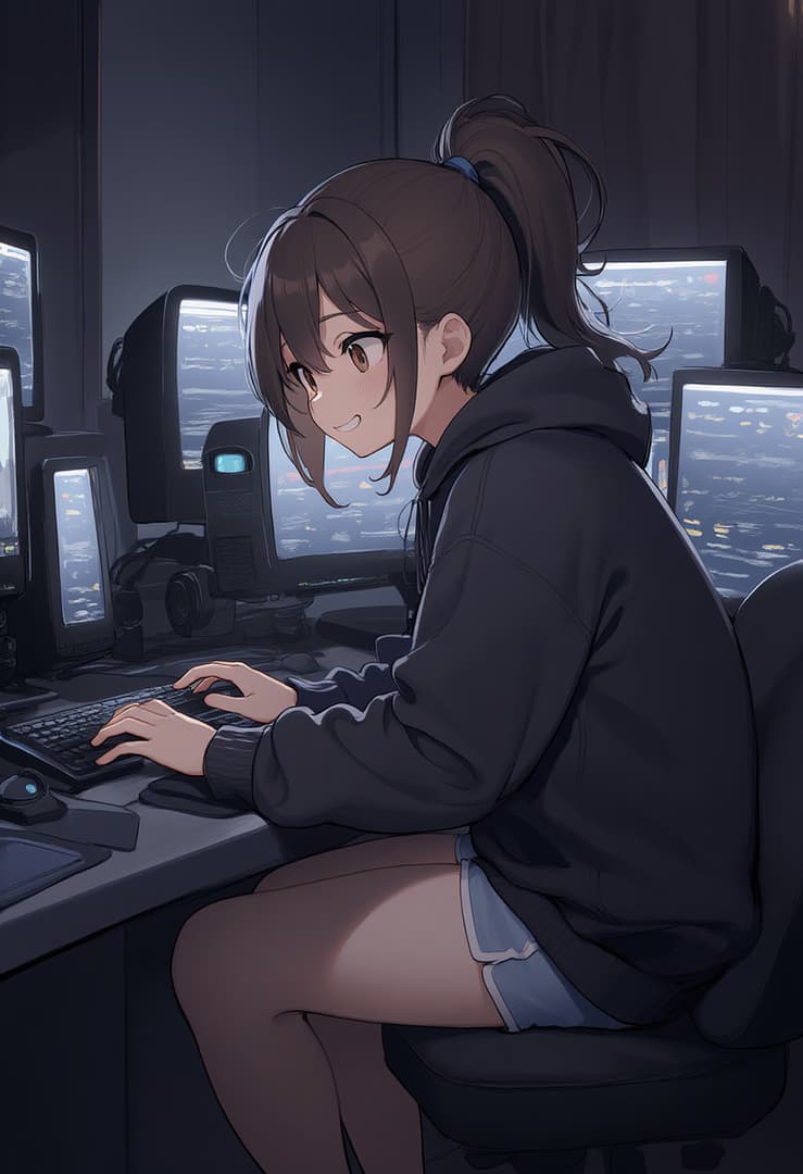 Karakter görseli - sitting at computer desk, smiling shyly, wearing black hoodie and shorts, hands on keyboard, multipl